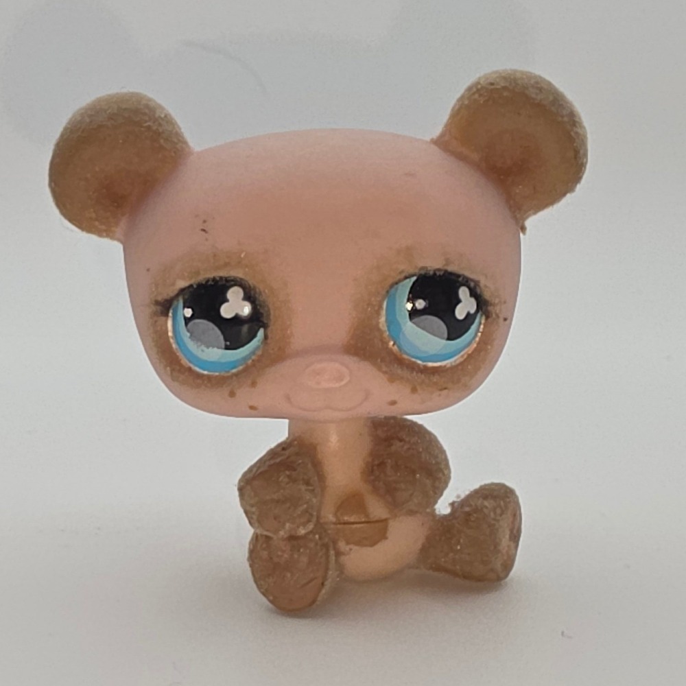 Littlest Pet Shop Panda Mini Pink tan brown fuzzy flocked‎ panda bear
